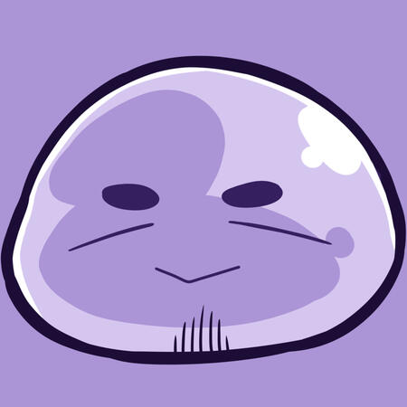 Imagen de perfil de un slime morado con un fondo también morado, posee cejas gruesas y barba.